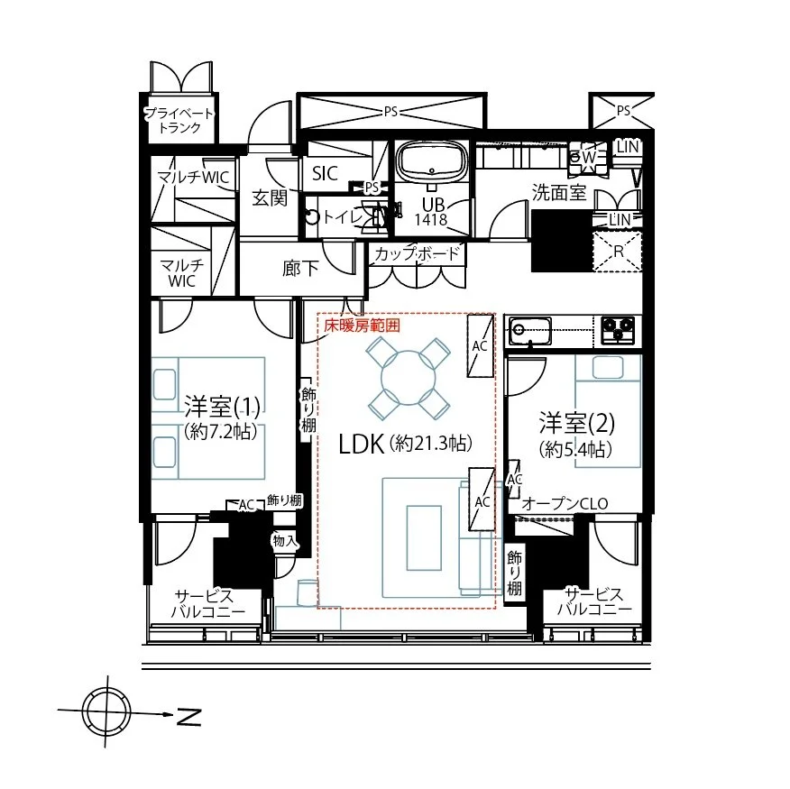 住宅の間取り図。リビングダイニングキッチン、2つの洋室、浴室、トイレ、洗面所、バルコニーなどの部屋が示されている。
