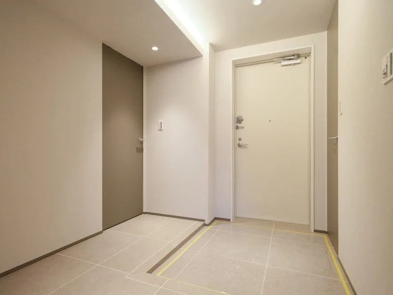 新しいマンションの玄関エリア。白いドアと灰色の壁、照明付き。