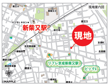 地図で新柴又駅と現地の位置を示している。現地は赤い円の中に「現地」と書かれ、駅周辺に「リブレ葛飾新柴又駅」や「ビッグA」などの施設も表示されている。