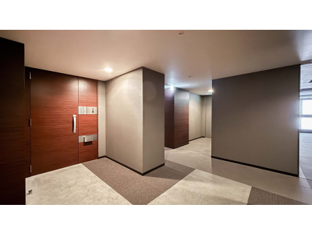 ホテルの廊下、木の扉と灰色の壁が見える