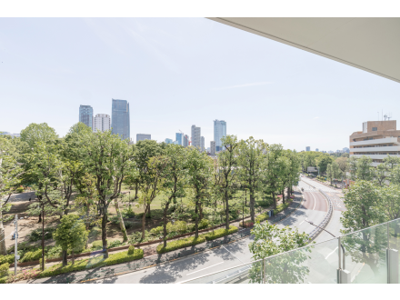 都市の風景と緑の木々が見える景色。道路と高層ビル群が背景にある。