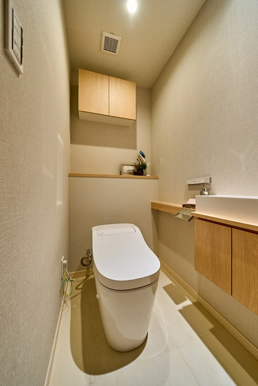 シンプルなトイレルーム、壁には木製の収納棚とキャビネットがあり、手洗い器とトイレットペーパーホルダーが設置されている