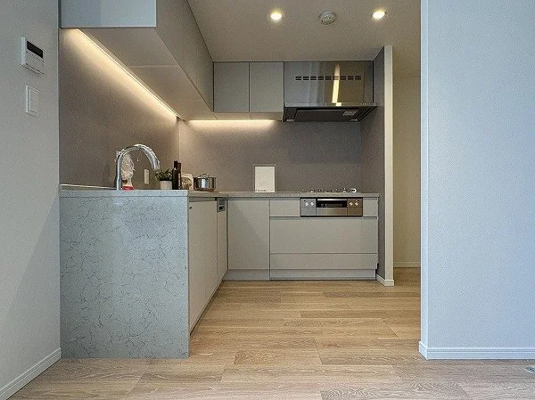 シンプルでモダンなキッチン、グレーのキャビネットとカウンター、流し台と調理台、上部に換気扇と棚