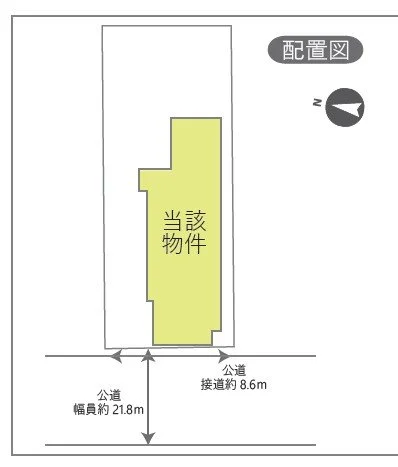敷地図に黄色の建物があり、周囲に道路が描かれている。不動産物件の配置図。