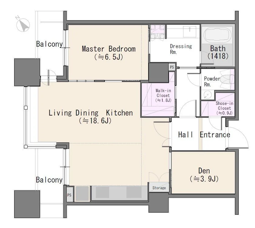 この画像は、2つのバルコニー付きのリビングダイニングキッチン、マスターベッドルーム、浴室、ドレッシングルーム、ウォークインクローゼット、シューズインクローゼット、パウダールーム、ホール、エントランス、書斎のある間取り図です。