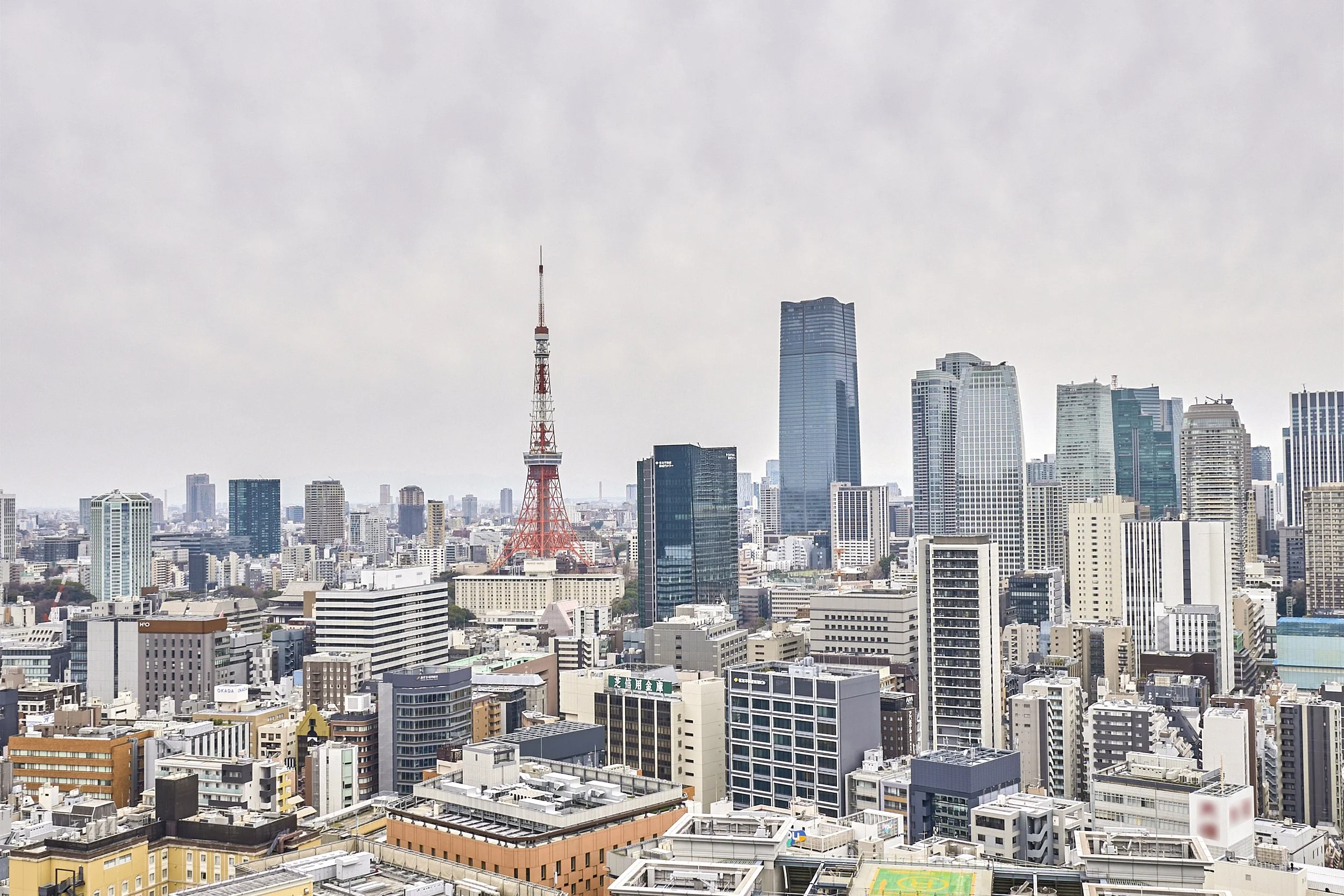 東京の高層ビルと東京タワーの遠景。
