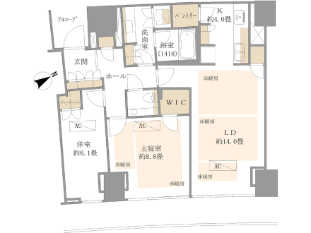 家具付きの間取り図。玄関、ホール、洋室約6.1畳、主寝室約8.8畳、リビング・ダイニング約14.0畳、キッチン、洗面所、浴室、クローゼット、ウォークインクローゼット、トイレがあります。