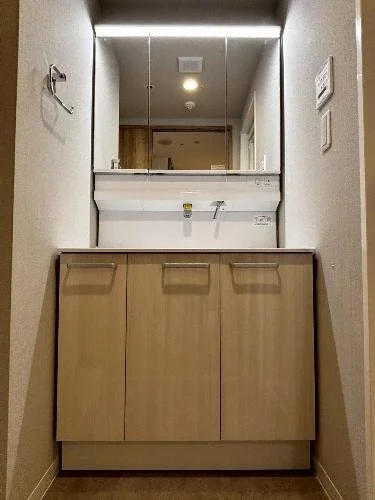 洗面台と鏡、収納棚が設置されたトイレの洗面所の interior.