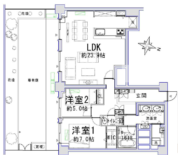 間取り図。リビング・ダイニングキッチン（約23.9帖）、洋室1（約7.0帖）、洋室2（約5.0帖）、洗面室、浴室、トイレ、玄関、庭園の配置を示している。