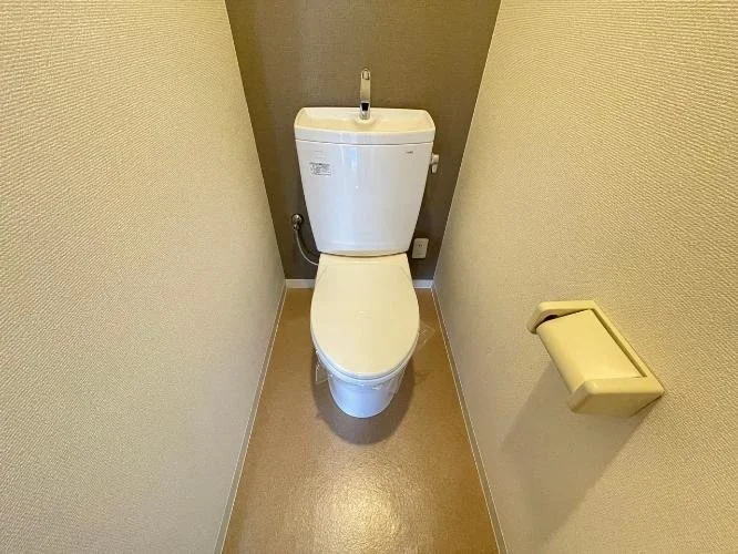 トイレとトイレットペーパーのホルダーがある小さなトイレルームの内部