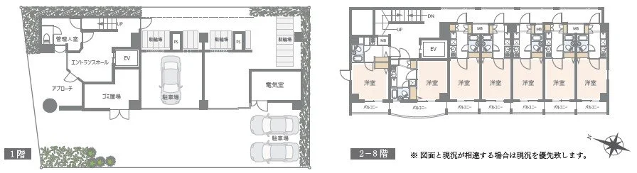 二階建ての住宅の平面図で、駐車場や庭も描かれている。