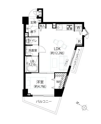 1LDKの間取り図。玄関、トイレ、洗面室、浴室、洋室、リビングダイニングキッチン、バルコニー、サービスバルコニー、クローゼットなどが描かれている。