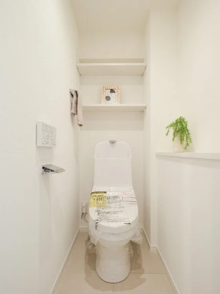 白いトイレと棚に飾られた植物のある清潔なトイレルーム