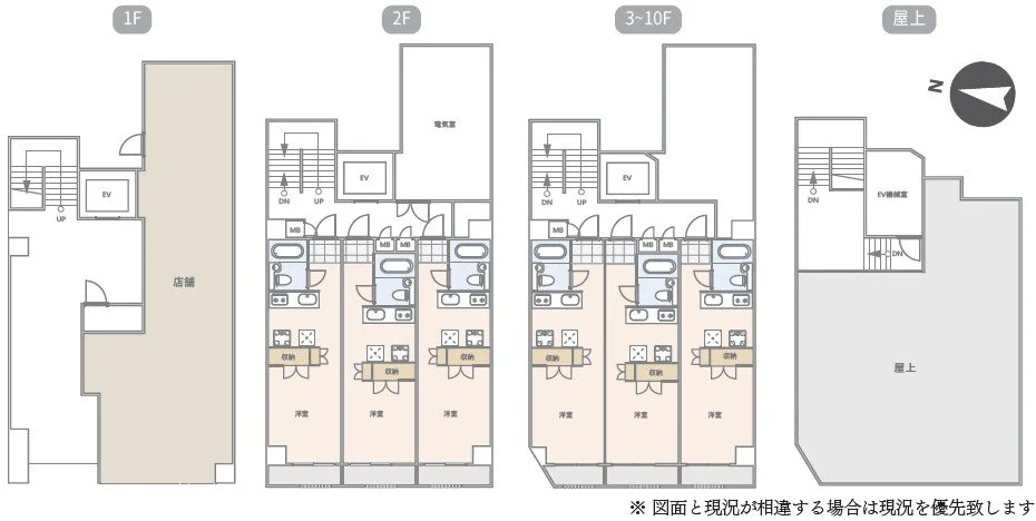 これはアパートやマンションの建築計画図です。各階の間取りやエレベーターの位置が示されています。