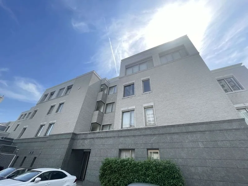 高層の白い建物と青空、駐車車両と緑の植栽