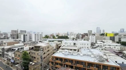 都市の景色、複数のビルと住宅街が見える