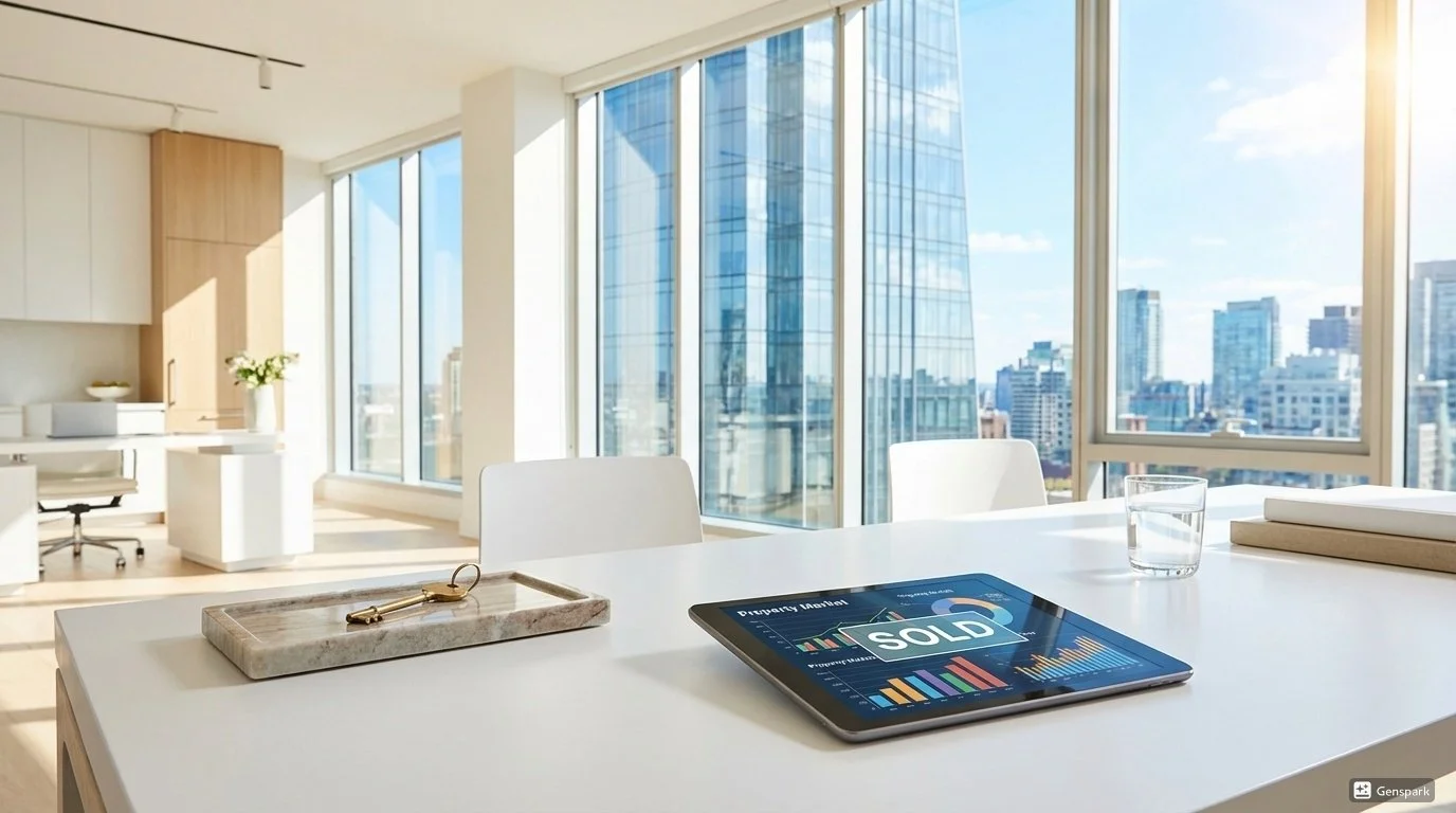 高層ビルの眺めが見えるオフィスの会議室。白いテーブルの上にタブレットと水のグラスが置かれている。