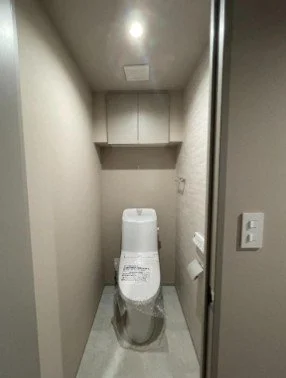 シンプルなトイレルームの便器と壁棚がある空間