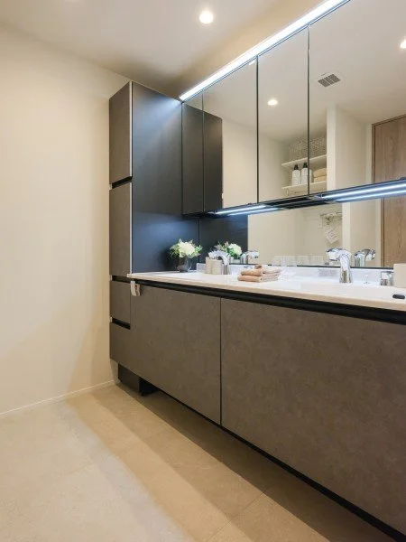 洗面台のあるモダンなバスルームの鏡と収納キャビネット