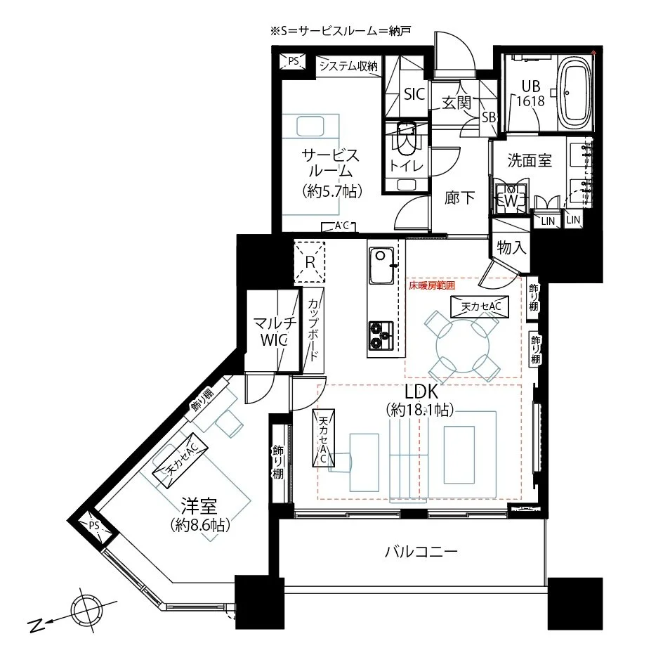 この画像は、住宅の間取り図です。リビングダイニングキッチン、洋室、バルコニー、浴室、洗面室、トイレなどの部屋が描かれています。