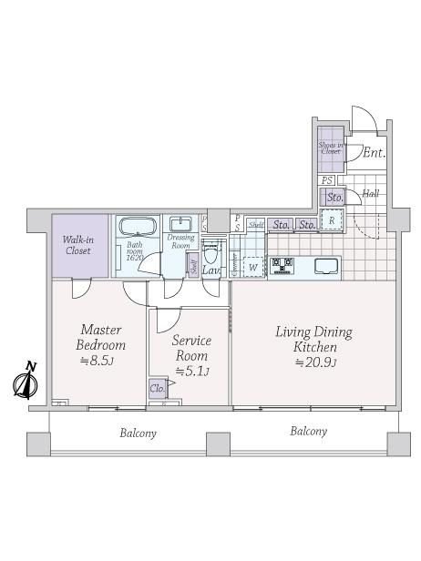 2つのバルコニーに面したリビングダイニングキッチンと主寝室、眺望用のウォークインクローゼット、サービスルーム、バスルーム、洗面所、トイレなどが配置された間取り図です。
