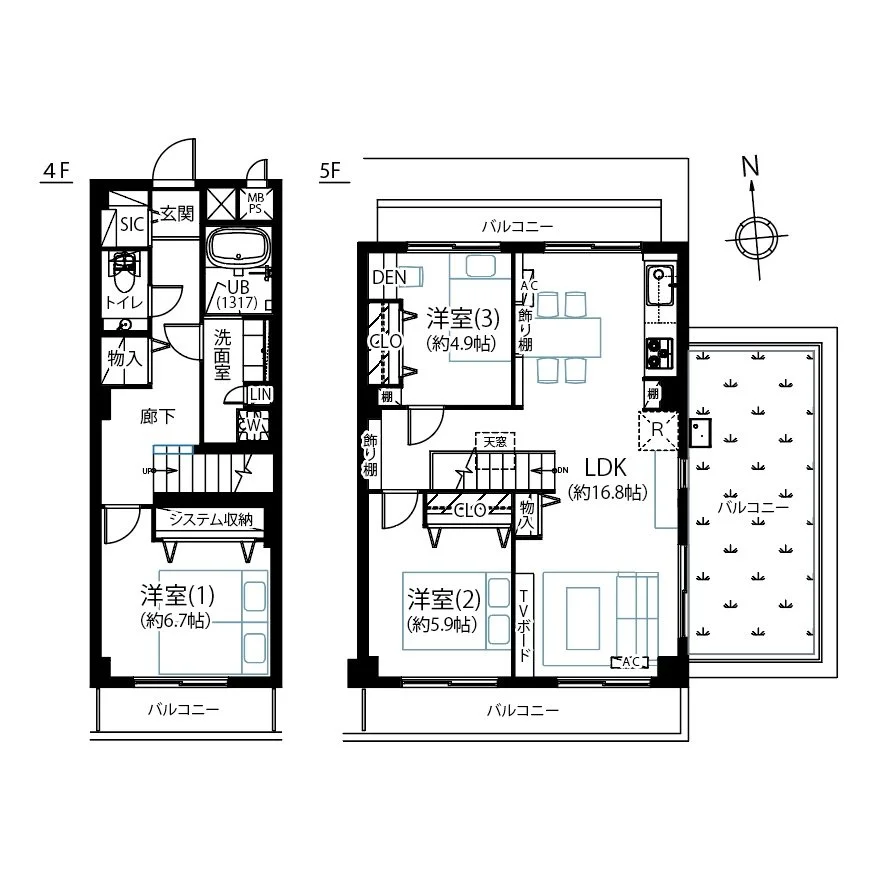 二階建ての住宅の間取り図。上階にはリビングダイニングキッチン、洋室とバルコニー。下階には洋室、浴室、トイレ、玄関とシステム収納。
