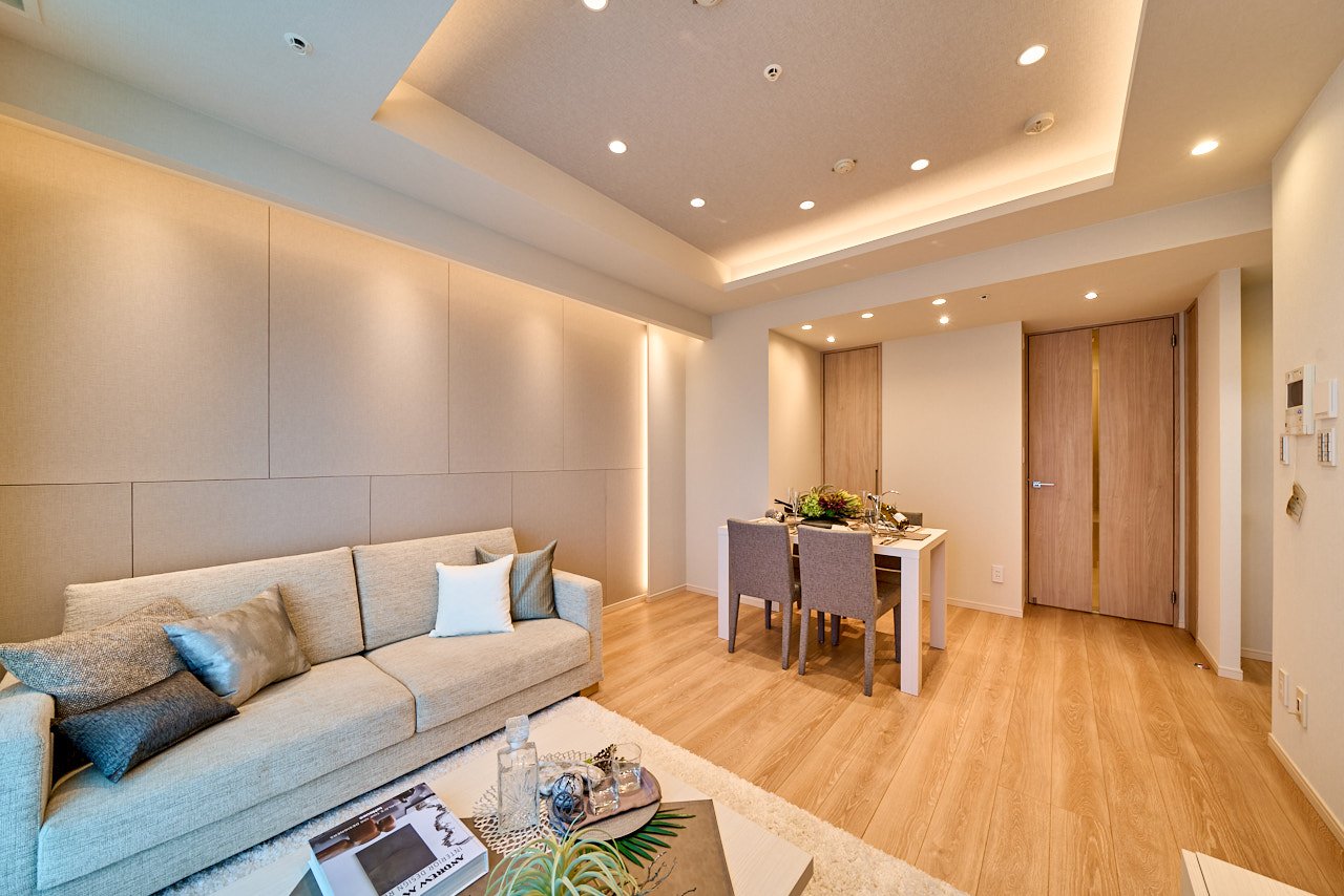 モダンなリビングルームとダイニングルームがあるインテリア。ソファ、クッション、テーブル、ダイニングセット、照明。木製の床とシンプルな壁装飾。