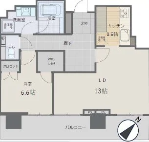 間取り図のアパートメントのレイアウト、キッチン、リビングルーム、バルコニー、洋室、バスルーム、洗面台、クロゼット、WIC（ウォークインクローゼット）を含む