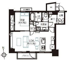 一軒家の間取り図で、LDK、洋室、バルコニー、浴室、洗面所、トイレなどの部屋が描かれています。