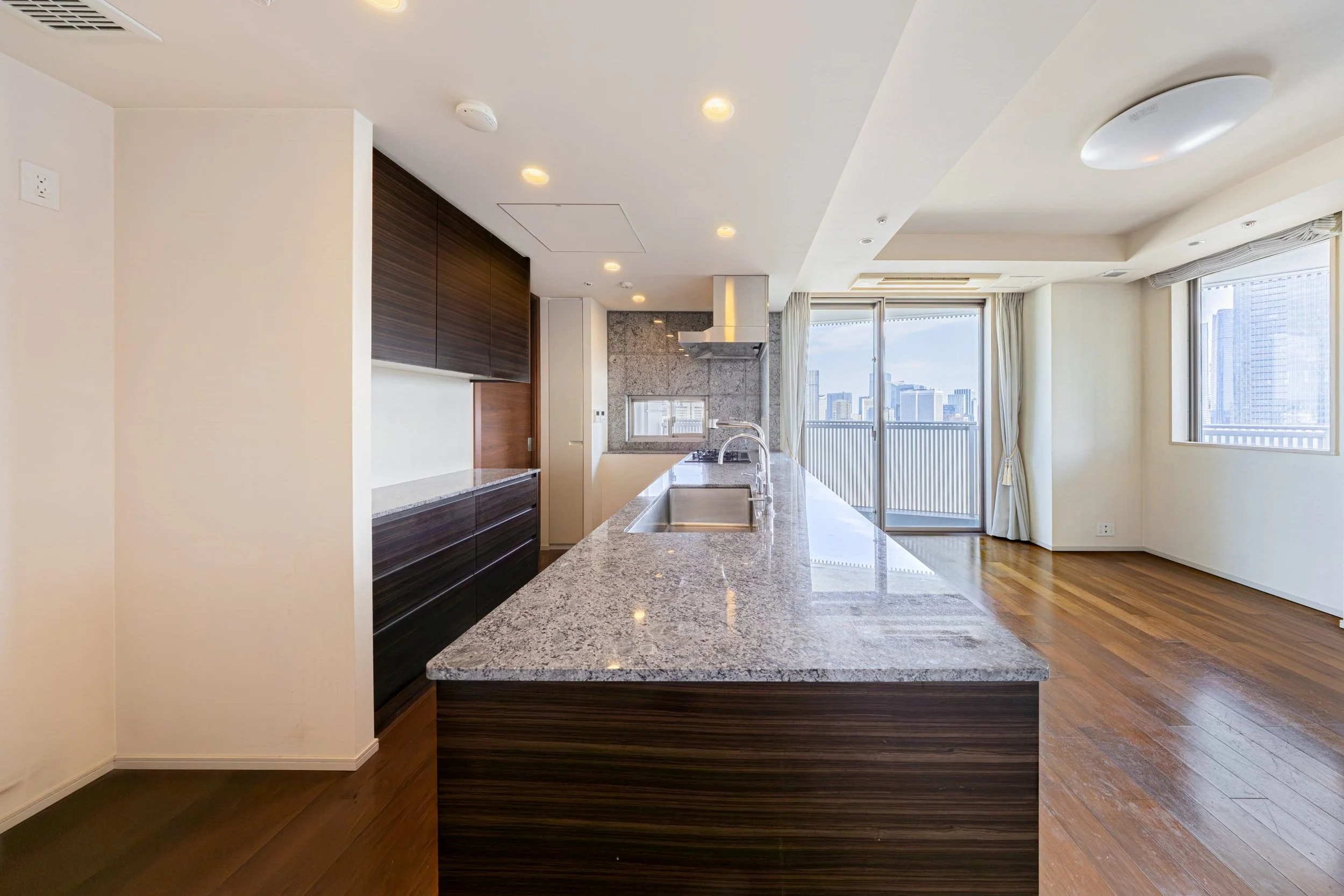 清潔なキッチンとリビングエリア、窓からの景色が見える