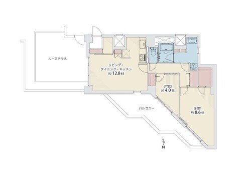 間取り図で、リビング、ダイニング、キッチン、寝室2部屋、バルコニー、ルーフテラス、浴室、トイレが描かれている住宅の平面図です。