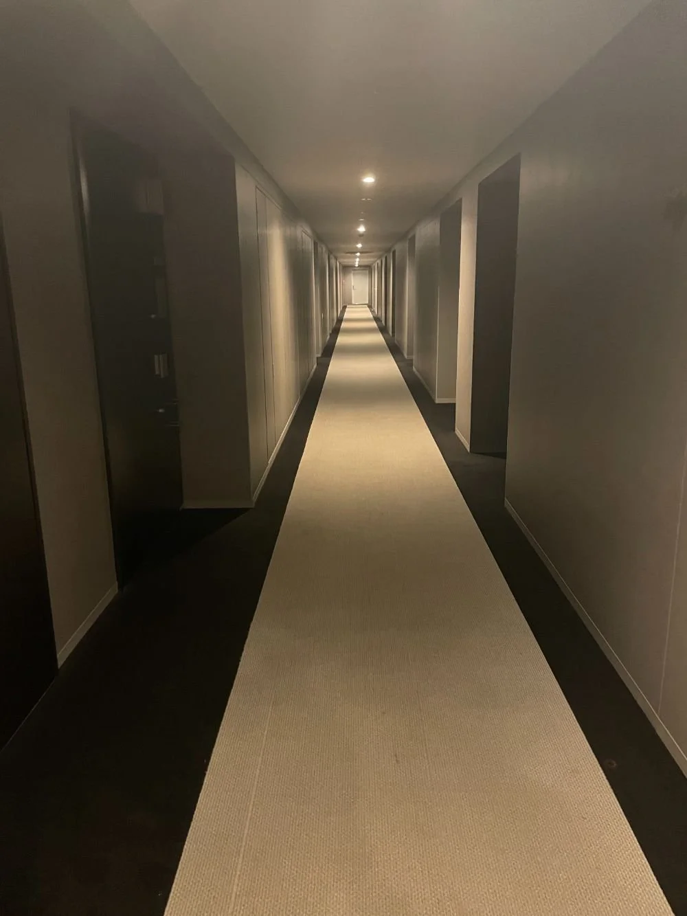 長いホテルの廊下。両側に扉と間接照明があり、奥に見える扉に向かってまっすぐ続いている。