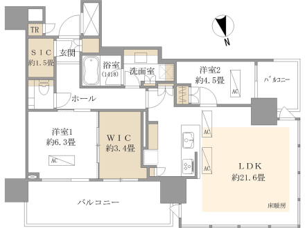 間取図で、複数の部屋とバルコニー、玄関、浴室、洗面室、トイレ、収納スペースが示されている住宅の平面図。