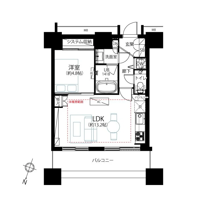 これは一つのアパートの間取り図で、玄関、リビングダイニングキッチン（LDK）、洋室、浴室、トイレ、バルコニーが描かれている。