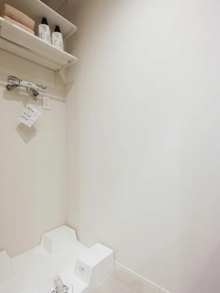 白い壁と洗濯洗剤のボトルが置かれた棚がある洗濯エリアの一角。洗濯機の排水口と電源コンセントも見える。