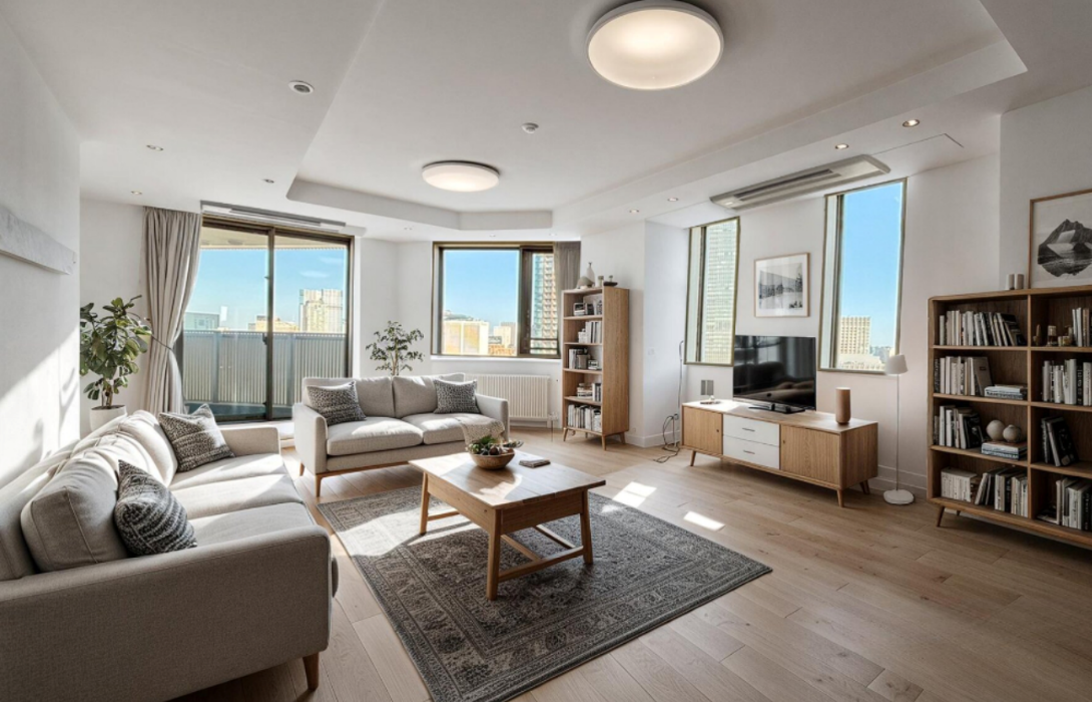 明るいリビングルームで、白いソファとコーヒーテーブル、テレビ台にテレビが設置され、棚や本が配置されている。大きな窓から都市の景色が見える。