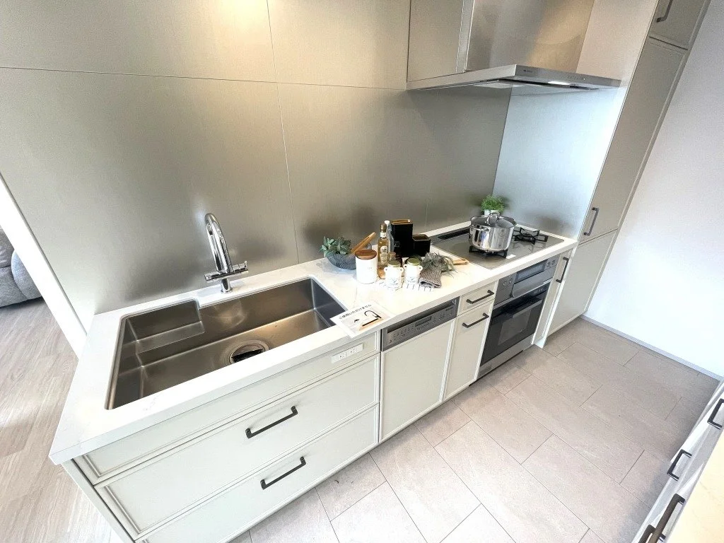 シルバーのシンクとガスコンロがある白いキッチン。カウンター上に調味料や鍋、植物などが置かれている。