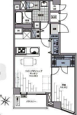住宅の間取り図。リビングダイニングキッチン、洋室、バルコニー、浴室、トイレ、収納スペース、ウォークインクローゼットなどが表示されている。