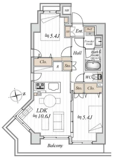 1つのアパートの間取り図。リビング・ダイニング・キッチン（LDK）、2つの寝室、バルコニー、浴室、トイレ、玄関、収納スペースがあります。