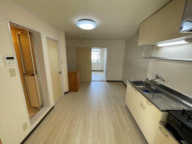 シンプルなキッチンとリビングルームのある部屋の内部。白い壁と木製の床、シルバーのキッチンシンクとガスコンロ、天井には丸い照明が設置されている。奥には窓があり、自然光が入る