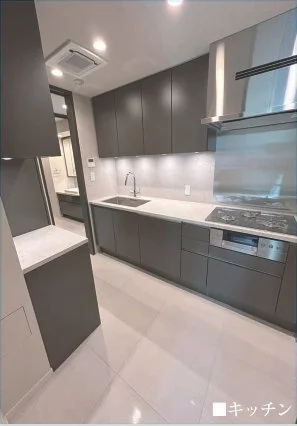 モダンなキッチンの画像。灰色のキャビネットと白いカウンター、ビルトインのオーブンやコンロが見える。