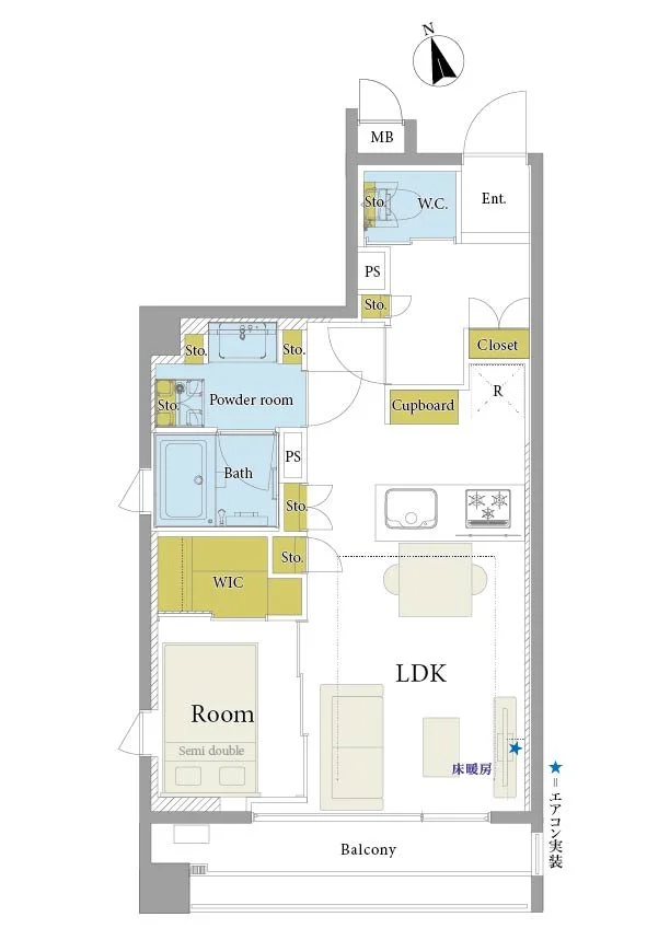 日本語の間取り図。玄関から入り、左にトイレ、洗面所、浴室、寝室、ウォークインクローゼット、リビングダイニングキッチン（LDK）、バルコニーが配置されている。