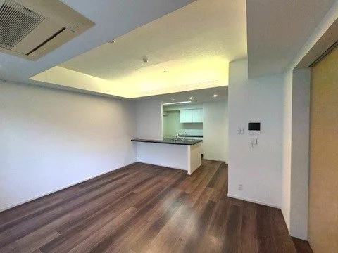 広々としたリビングルームとキッチンのある現代的な室内空間