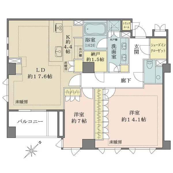 間取り図：玄関、シューズインクローク、トイレ、廊下、洗面所、浴室、納戸、キッチン、リビングダイニング、2つの洋室、バルコニーが示されています。