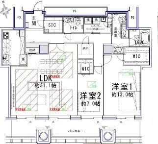 3LDKマンションの間取り図。LDK約31.1帖、洋室1約13.0帖、洋室2約7.0帖、玄関、SIC、WIC、浴室、洗面室、トイレ、バルコニーを表示