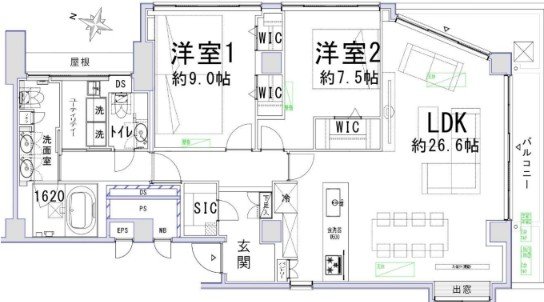 二つの洋室（約9.0帖と約7.5帖）、リビングダイニングキッチン（約26.6帖）、バルコニー、トイレ、洗面所、浴室、収納スペース、玄関付近の間取り図.