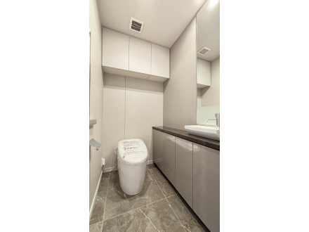 洗面所のトイレと洗面台があるモダンなバスルーム