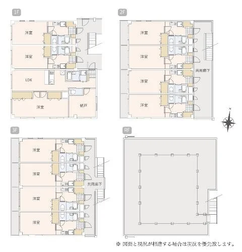 鉄筋コンクリートの4階建て住宅の間取り図。1階から3階まで各階に複数の洋室と共用トイレ・浴室、台所がある。4階は屋上の平面図。