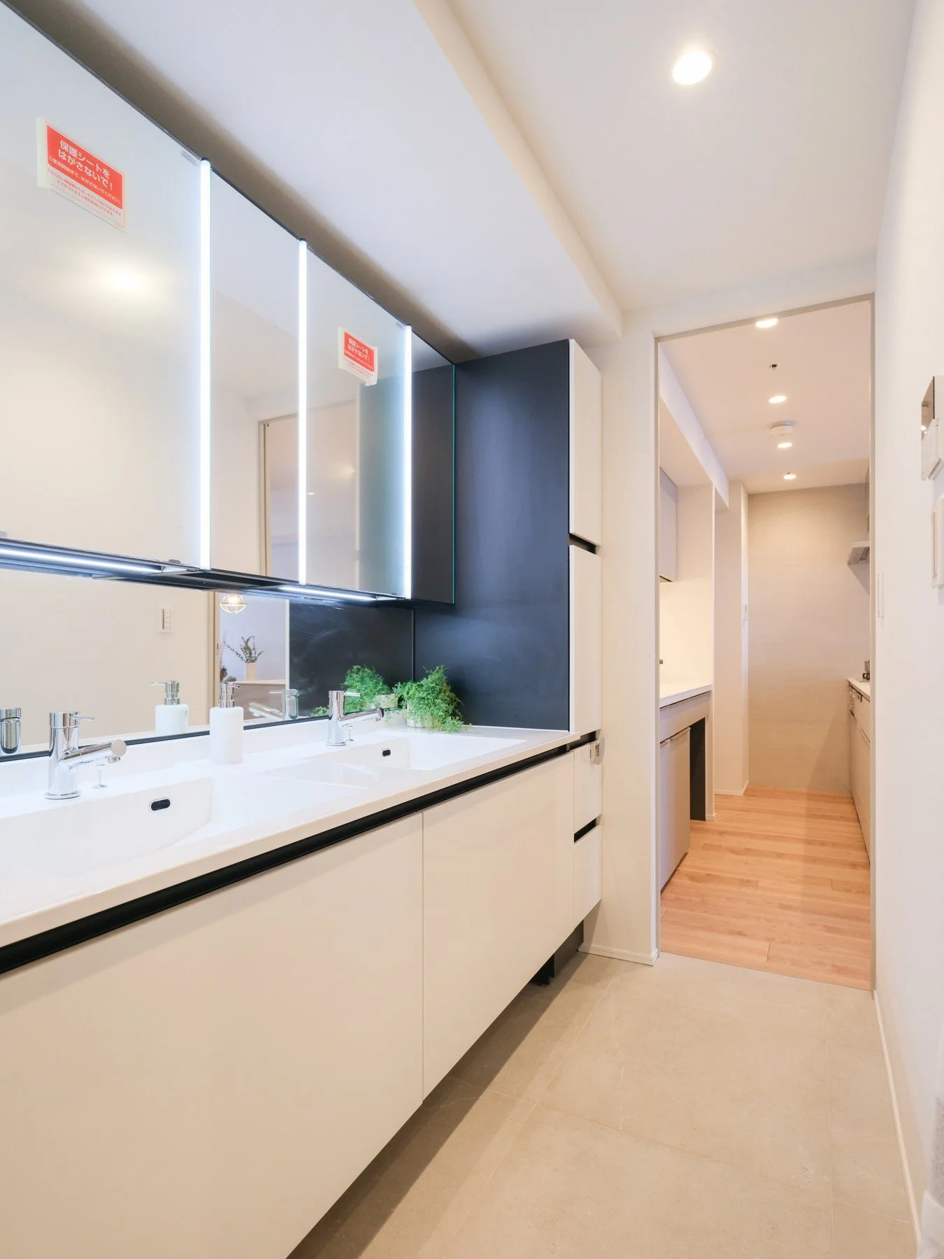 洗面所の洗面台と鏡、奥にキッチンと廊下が見える室内の写真