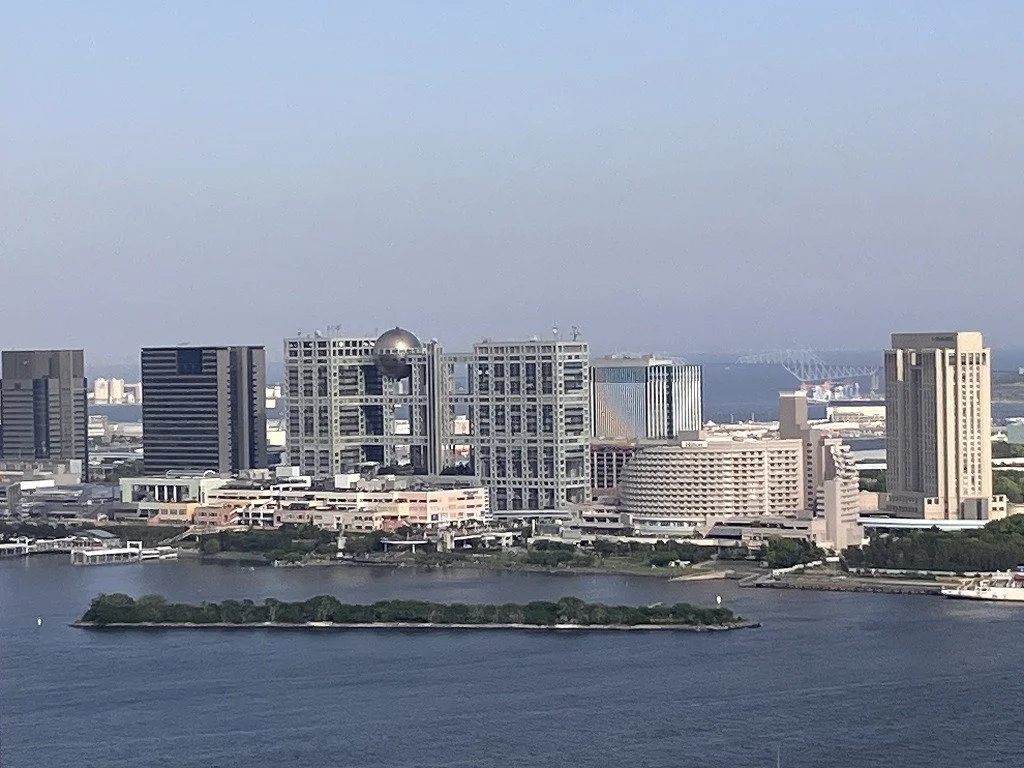 東京の都心の高層ビル群と、その手前に川と小島
